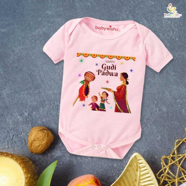 Baby First Gudi Padwa Romper Clothes Baby gudi padwa festival Bodysuits Newborn Outfit Envelop Neck Half Sleeve Unisex Onesies "Happy Gudi Padwa" - Image 3