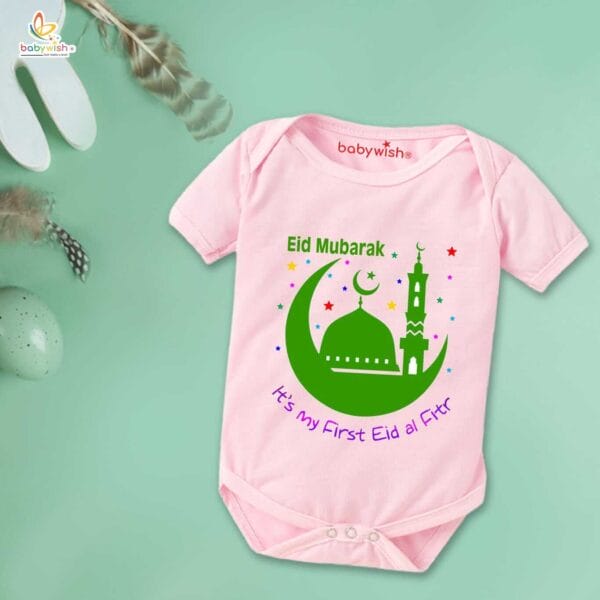 Baby First Eid Romper Clothes Baby Ramadan festival Bodysuits Newborn Outfit Envelop Neck Half Sleeve Unisex Onesies " My First Eid-al-Fitr " - Image 3
