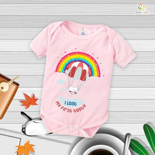 I Lost My First Tooth Rainbow Print Baby Romper – My First Tooth Bodysuit for Newborn & Infant | Colorful First Tooth Milestone Outfit – Babywish - Image 3