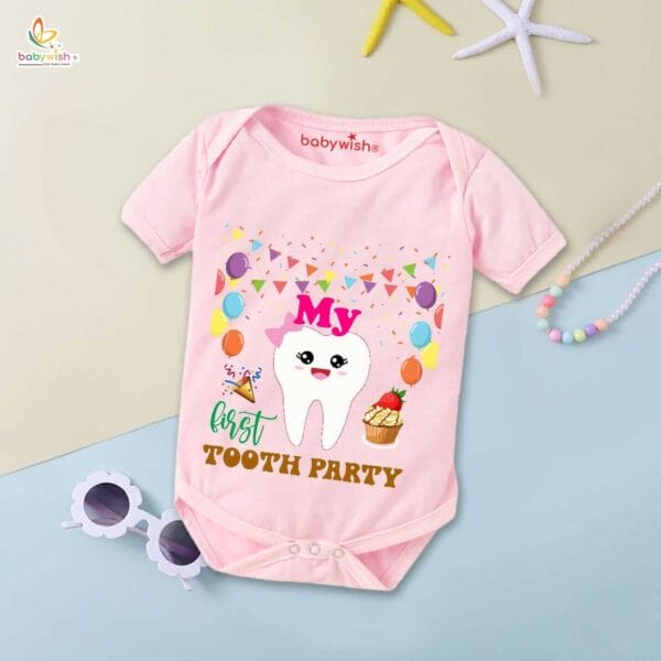 My First Tooth Romper with Ribbon Print | Baby Bodysuit for First Tooth Party & Milestone Photos – Babywish - Image 3