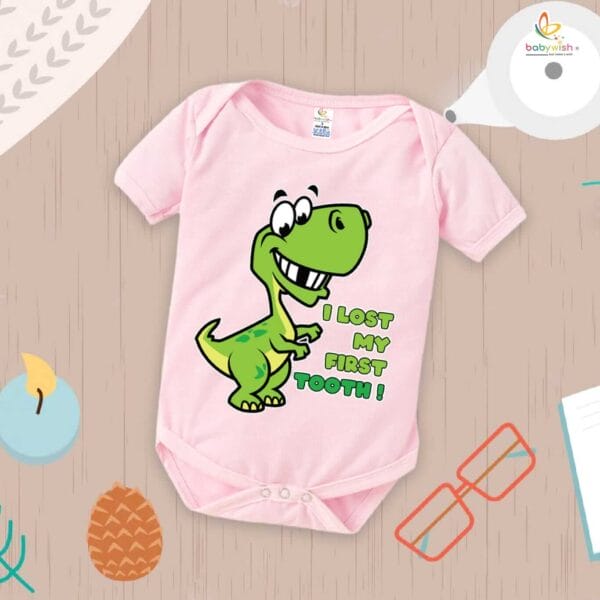 I Lost My First Tooth Baby Romper – Dinosaur Print Milestone Bodysuit for Boys & Girls | Soft Cotton First Tooth Outfit – Babywish - Image 4