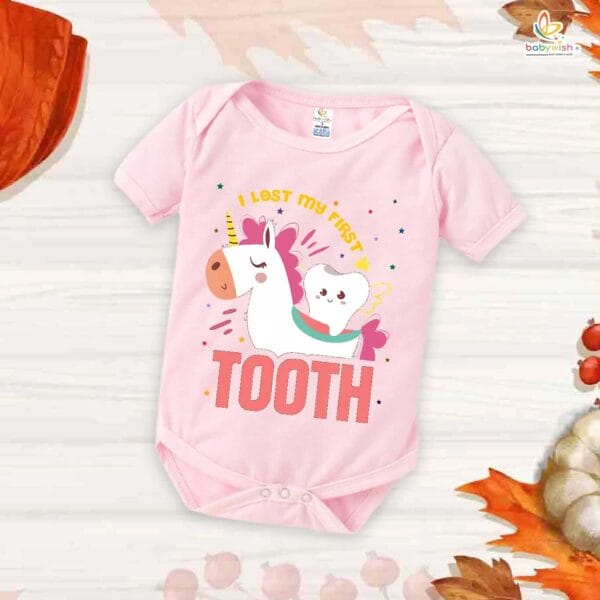 I Lost My First Tooth Baby Romper – Horse Print Milestone Bodysuit for Boys & Girls | Soft Cotton First Tooth Outfit – Babywish - Image 4
