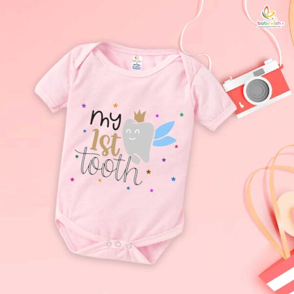 My 1st Tooth Baby Romper – “My First Tooth” Bodysuit with Star Print | Baby Milestone Outfit for Boys & Girls – Babywish - Image 4