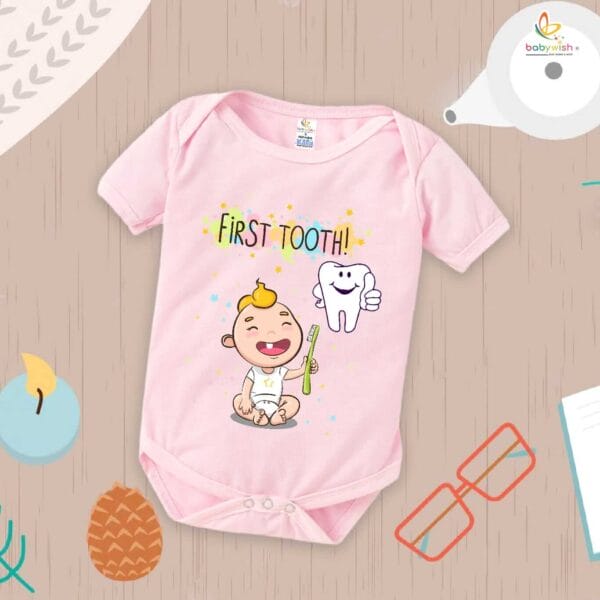 My First Tooth Romper with Baby Toothbrush Print – 1st Tooth Milestone Bodysuit for Newborn & Infant | Baby Romper Clothes – Babywish - Image 4