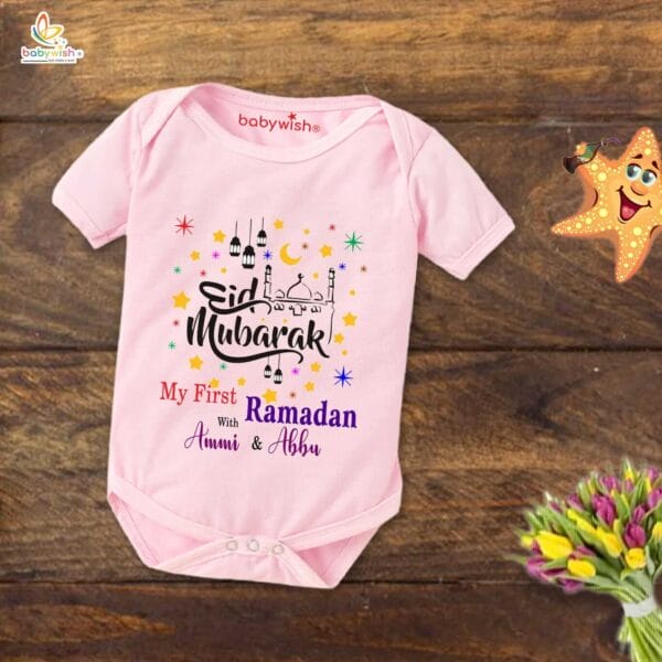 Baby First Eid Romper Clothes Baby Ramadan festival Bodysuits Newborn Outfit Envelop Neck Half Sleeve Unisex Onesies " Ramadan with Ammi Abbu " - Image 3
