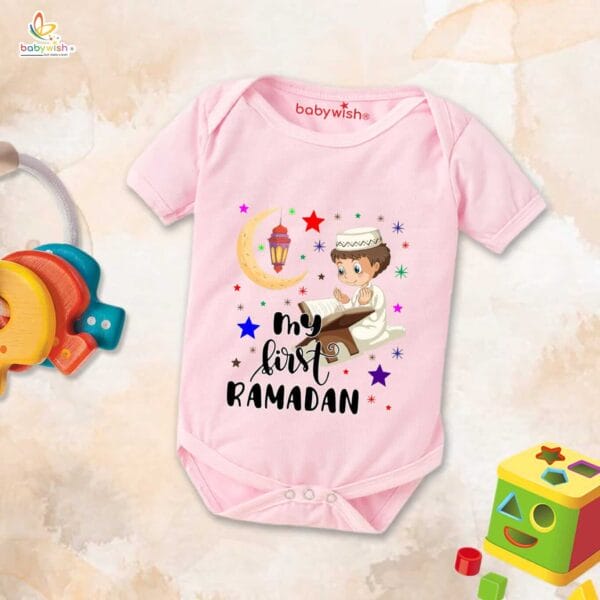 Baby First Eid Romper Clothes Baby Ramadan festival Bodysuits Newborn Outfit Envelop Neck Half Sleeve Unisex Onesies " My First Ramadan Coloring Romper " - Image 3