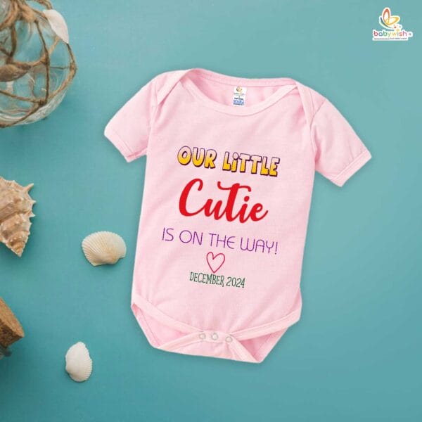 Pregnancy Announcement Baby Romper – Our Little Cutie Is On The Way Bodysuit – Cute Baby Reveal Outfit for Newborn Girl or Boy – Babywish - Image 3