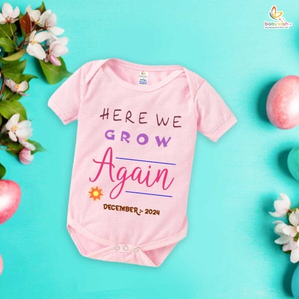 Pregnancy Announcement Baby Romper – Here We Grow Again Bodysuit for New Baby Reveal – Cute Gender Neutral Outfit for Baby Girl or Boy – Babywish - Image 3