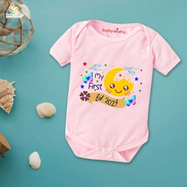Baby First Eid Romper Clothes Baby Ramadan festival Bodysuits Newborn Outfit Envelop Neck Half Sleeve Unisex Onesies " First Eid Festivals in 2023 " - Image 3