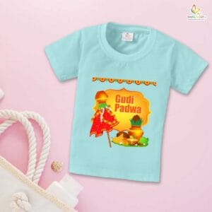 Gudi Padwa T-shirt for Kids Unisex Gudi Padwa Topwear Outfit Printed Half Sleeve Tshirt Dress for Boy n Girl "Worship on Gudi Padwa Festival"