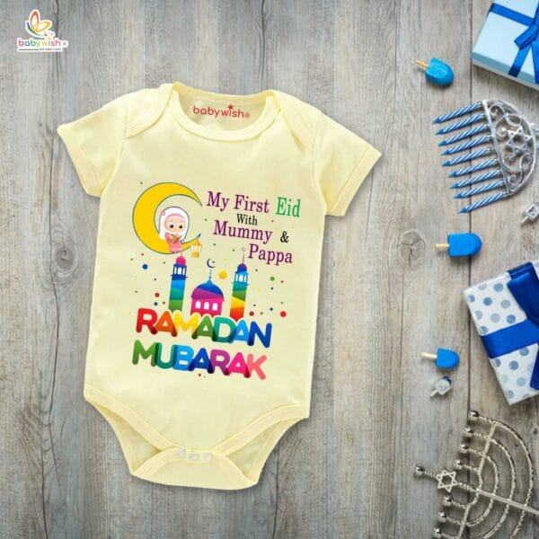 Baby First Eid Romper Clothes Baby Ramadan festival Bodysuits Newborn Outfit Envelop Neck Half Sleeve Unisex Onesies "My First Eid with Mummy & Papa" - Image 4