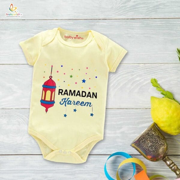 Baby First Eid Romper Clothes Baby Ramadan festival Bodysuits Newborn Outfit Envelop Neck Half Sleeve Unisex Onesies " Ramadan Kareem " - Image 4