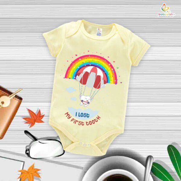 I Lost My First Tooth Rainbow Print Baby Romper – My First Tooth Bodysuit for Newborn & Infant | Colorful First Tooth Milestone Outfit – Babywish - Image 2