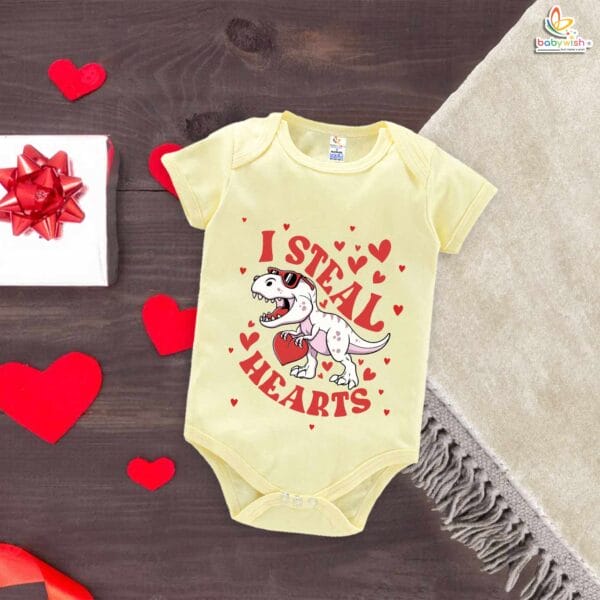 My First Valentine’s Day Romper | "I Steal Hearts" Dinosaur Baby Bodysuit for Boys & Girls – Babywish - Image 2