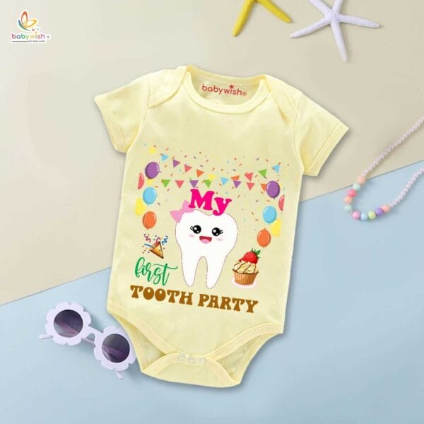 My First Tooth Romper with Ribbon Print | Baby Bodysuit for First Tooth Party & Milestone Photos – Babywish - Image 2