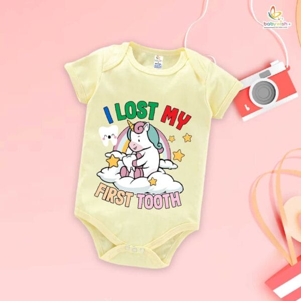 My First Tooth Romper with Unicorn Print | "I Lost My First Tooth" Baby Bodysuit for Boys & Girls – Babywish - Image 2