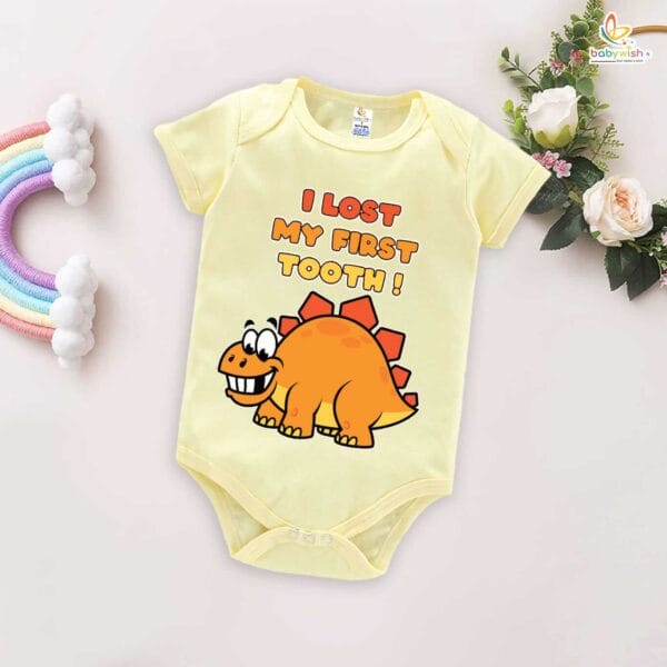 I Lost My First Tooth Baby Romper – Dino Print Milestone Bodysuit for Boys & Girls | Soft Cotton First Tooth Outfit – Babywish - Image 3