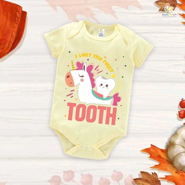 I Lost My First Tooth Baby Romper – Horse Print Milestone Bodysuit for Boys & Girls | Soft Cotton First Tooth Outfit – Babywish - Image 3