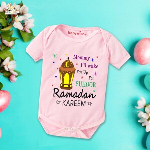 Baby First Eid Romper Clothes Baby Ramadan festival Bodysuits Newborn Outfit Envelop Neck Half Sleeve Unisex Onesies " Mommy I'll Wake You up for Suhoor " - Image 3