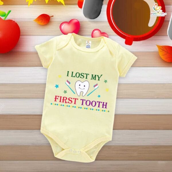 I Lost My First Tooth Baby Romper – Milestone Bodysuit with Toothbrush Print | Soft Cotton Outfit for Baby Boys & Girls – Babywish - Image 3