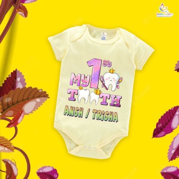 My First Tooth Baby Romper – “My 1st Tooth” Bodysuit with Tooth Fairy Print | Baby Milestone Outfit for Boys & Girls – Babywish - Image 3