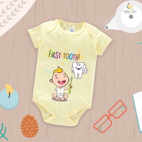 My First Tooth Romper with Baby Toothbrush Print – 1st Tooth Milestone Bodysuit for Newborn & Infant | Baby Romper Clothes – Babywish - Image 3