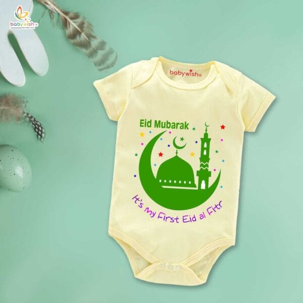 Baby First Eid Romper Clothes Baby Ramadan festival Bodysuits Newborn Outfit Envelop Neck Half Sleeve Unisex Onesies " My First Eid-al-Fitr " - Image 4