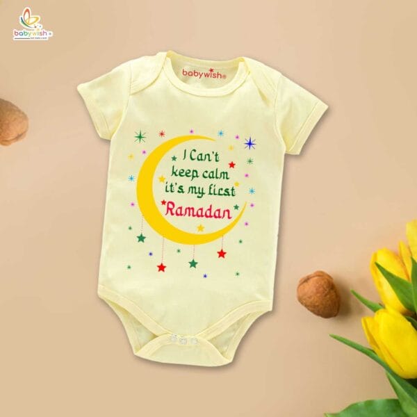 Baby First Eid Romper Clothes Baby Ramadan festival Bodysuits Newborn Outfit Envelop Neck Half Sleeve Unisex Onesies " I Can't Keep Calm It's Ramdan " - Image 4