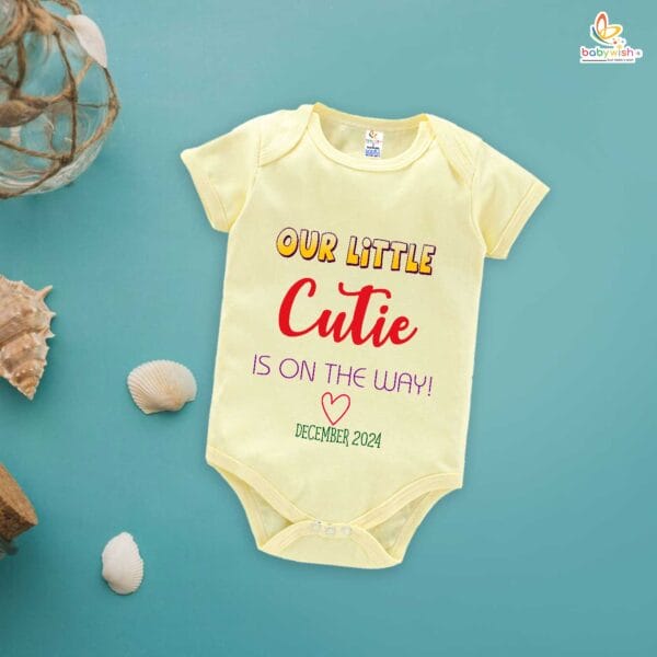Pregnancy Announcement Baby Romper – Our Little Cutie Is On The Way Bodysuit – Cute Baby Reveal Outfit for Newborn Girl or Boy – Babywish - Image 4