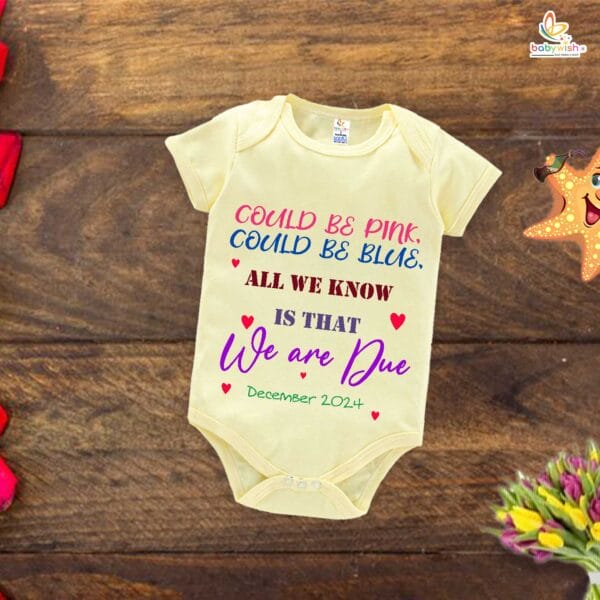 Pregnancy Announcement Baby Romper – Could Be Pink Could Be Blue All We Know Is That We’re Due Bodysuit – Gender Reveal Outfit for Baby Girl or Boy – Babywish - Image 4