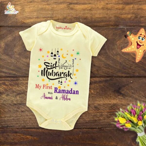 Baby First Eid Romper Clothes Baby Ramadan festival Bodysuits Newborn Outfit Envelop Neck Half Sleeve Unisex Onesies " Ramadan with Ammi Abbu " - Image 4