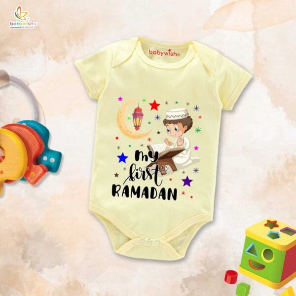 Baby First Eid Romper Clothes Baby Ramadan festival Bodysuits Newborn Outfit Envelop Neck Half Sleeve Unisex Onesies " My First Ramadan Coloring Romper " - Image 4