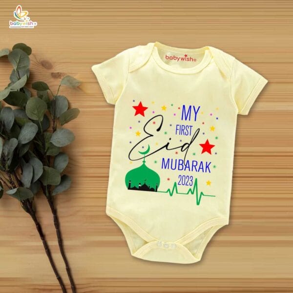 Baby First Eid Romper Clothes Baby Ramadan festival Bodysuits Newborn Outfit Envelop Neck Half Sleeve Unisex Onesies " My First Eid Mubarak 2023 " - Image 4
