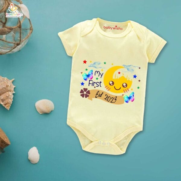 Baby First Eid Romper Clothes Baby Ramadan festival Bodysuits Newborn Outfit Envelop Neck Half Sleeve Unisex Onesies " First Eid Festivals in 2023 " - Image 4