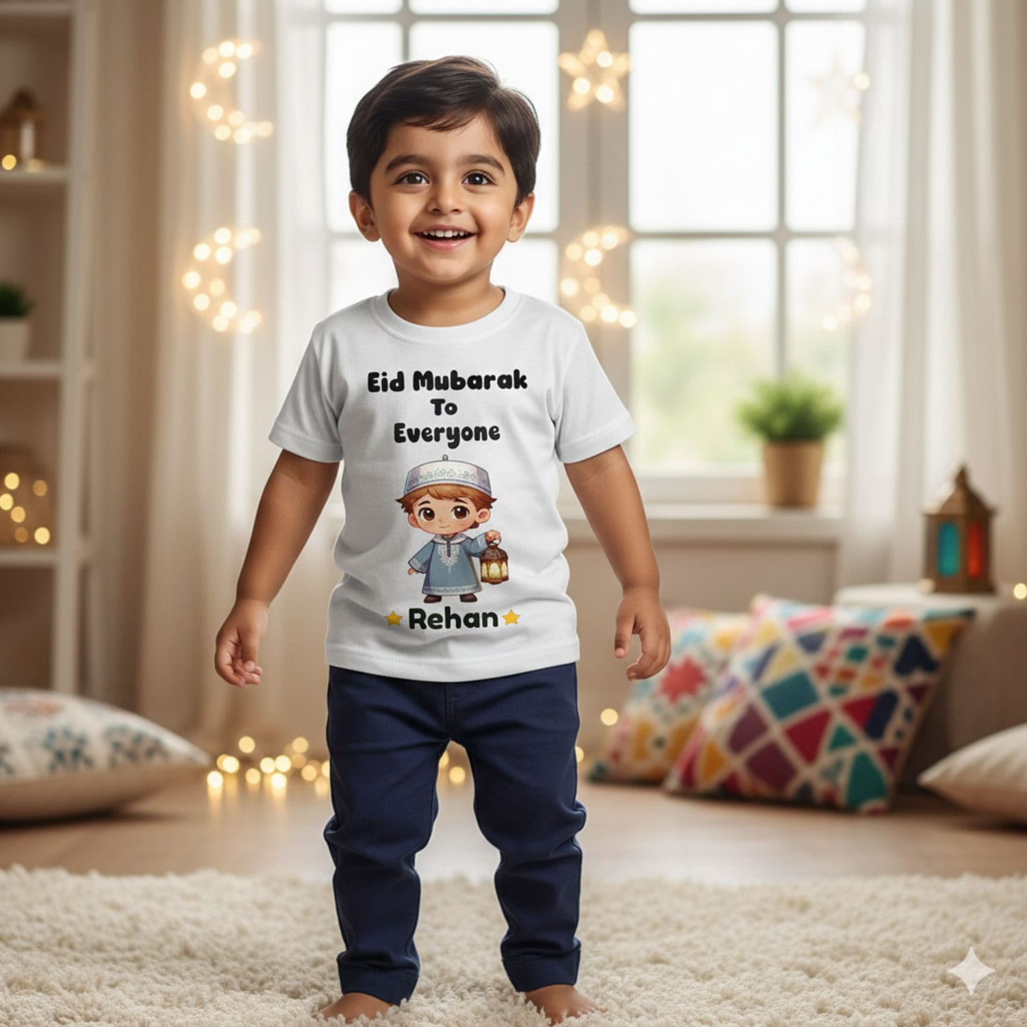 Eid Mubarak To Everyone Rehan Custom Name Baby T-Shirt – Cute Muslim Boy Eid Outfit, Personalized Eid Festival Cotton T-Shirt for Kids age 6-12 Months or 1-12 Years color White, Pink, Sea Green, Lemon Babywish