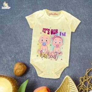 Newborn mundan ceremony clothes Bodysuit romper for Unisex Onesies Infant Half Sleeve | It's Our First Hair Cut Twins Printed |