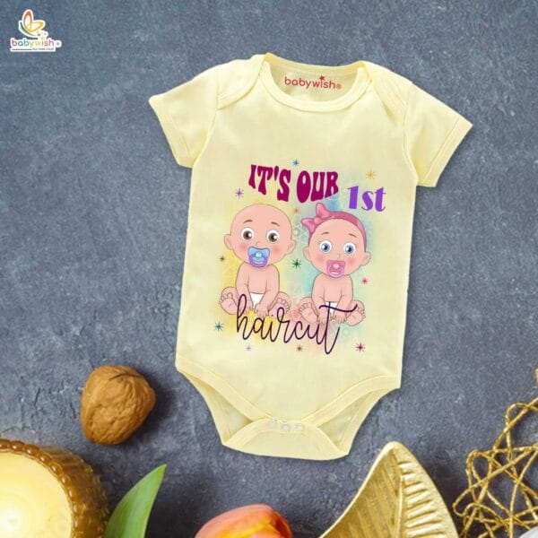Newborn mundan ceremony clothes Bodysuit romper for Unisex Onesies Infant Half Sleeve | It's Our First Hair Cut Twins Printed |