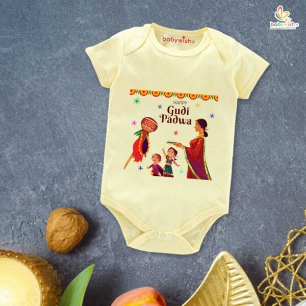 Baby First Gudi Padwa Romper Clothes Baby gudi padwa festival Bodysuits Newborn Outfit Envelop Neck Half Sleeve Unisex Onesies "Happy Gudi Padwa" - Image 2