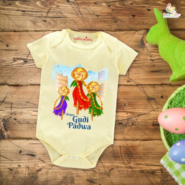 Baby First Gudi Padwa Romper Clothes Baby gudi padwa festival Bodysuits Newborn Outfit Envelop Neck Half Sleeve Unisex Onesies "Celebrating Gudi Padwa"