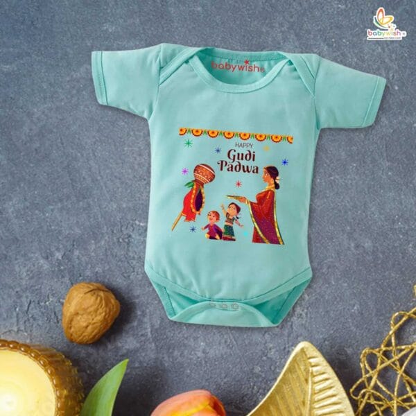 Baby First Gudi Padwa Romper Clothes Baby gudi padwa festival Bodysuits Newborn Outfit Envelop Neck Half Sleeve Unisex Onesies "Happy Gudi Padwa" - Image 4