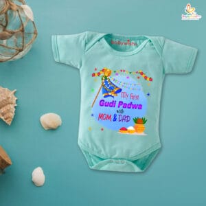 Baby First Gudi Padwa Romper Clothes Baby gudi padwa festival Bodysuits Newborn Outfit Envelop Neck Half Sleeve Unisex Onesies "First Gudi Padwa with Mom Dad"