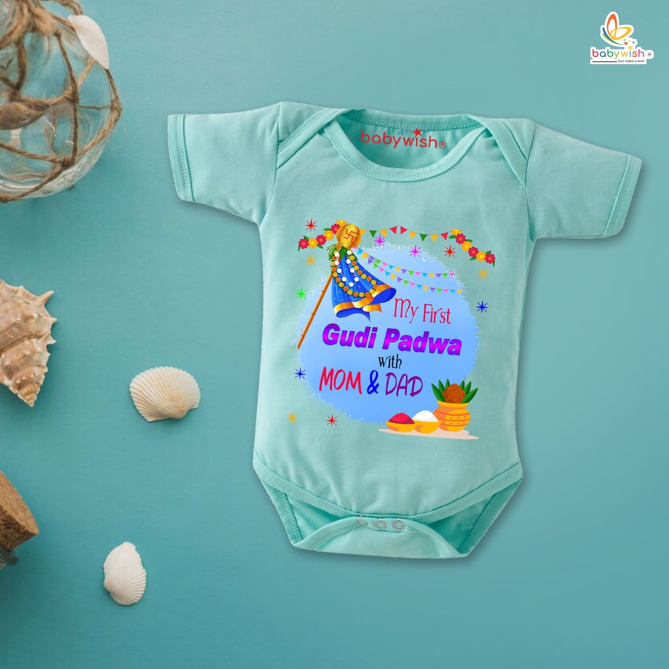 Baby First Gudi Padwa Romper Clothes Baby gudi padwa festival Bodysuits Newborn Outfit Envelop Neck Half Sleeve Unisex Onesies "First Gudi Padwa with Mom Dad"