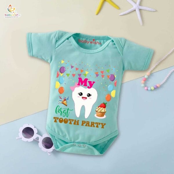 My First Tooth Romper with Ribbon Print | Baby Bodysuit for First Tooth Party & Milestone Photos – Babywish - Image 4