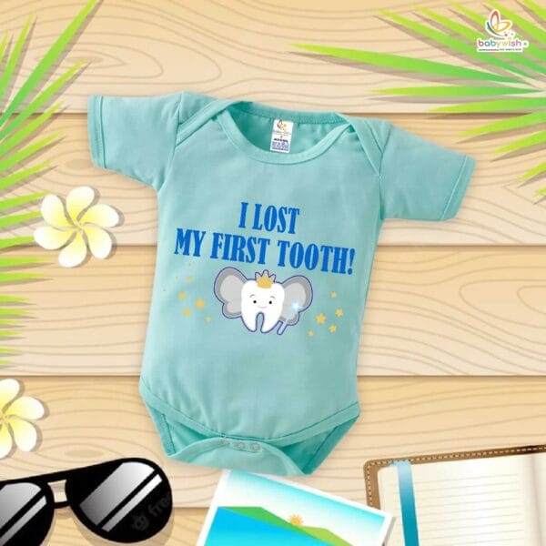 I Lost My First Tooth Baby Romper – Blue Milestone Bodysuit for Boys | “My First Tooth” Cotton Outfit – Babywish - Image 2