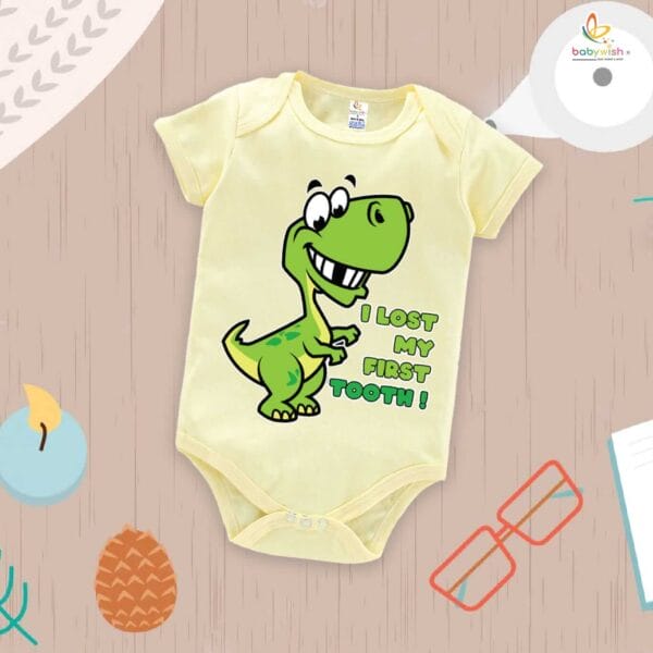I Lost My First Tooth Baby Romper – Dinosaur Print Milestone Bodysuit for Boys & Girls | Soft Cotton First Tooth Outfit – Babywish - Image 3