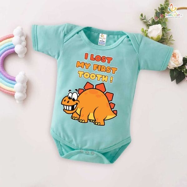 I Lost My First Tooth Baby Romper – Dino Print Milestone Bodysuit for Boys & Girls | Soft Cotton First Tooth Outfit – Babywish - Image 2