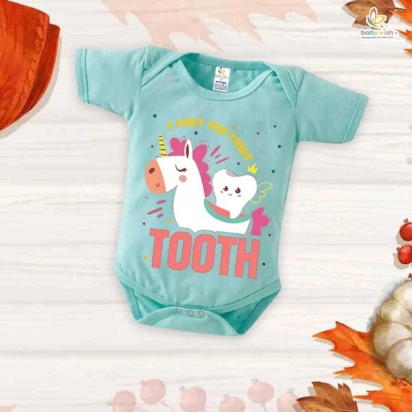 I Lost My First Tooth Baby Romper – Horse Print Milestone Bodysuit for Boys & Girls | Soft Cotton First Tooth Outfit – Babywish - Image 2