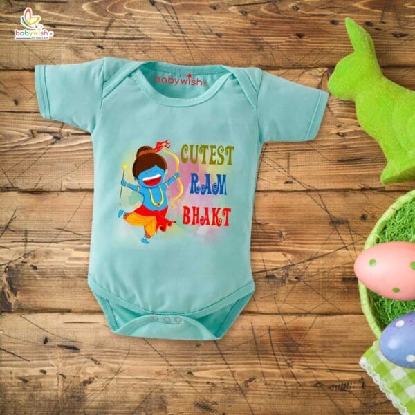 Baby First Ramnavmi Romper Onesies Clothes Baby Navratri festival Bodysuits Newborn Outfit Envelop Neck Half Sleeve Unisex Onesies" Cutest Ram Bhakt " - Image 4