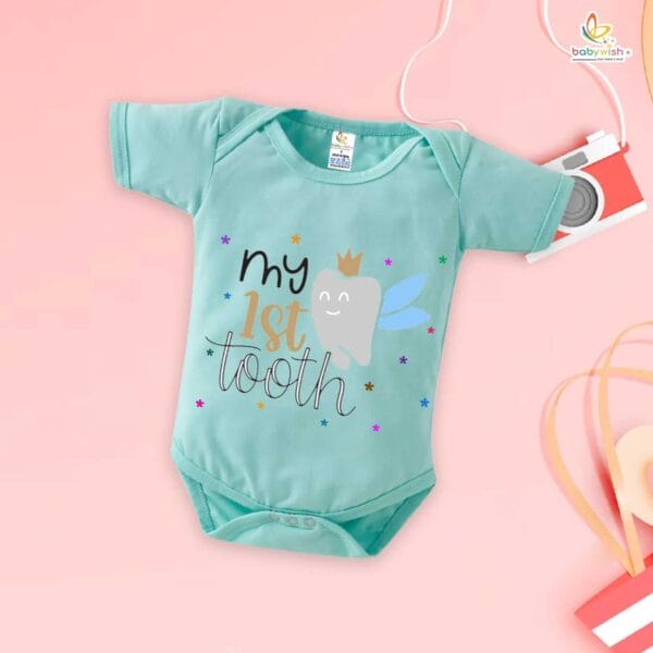 My 1st Tooth Baby Romper – “My First Tooth” Bodysuit with Star Print | Baby Milestone Outfit for Boys & Girls – Babywish - Image 2