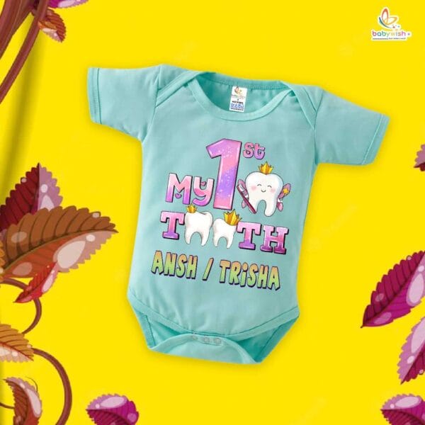 My First Tooth Baby Romper – “My 1st Tooth” Bodysuit with Tooth Fairy Print | Baby Milestone Outfit for Boys & Girls – Babywish - Image 2